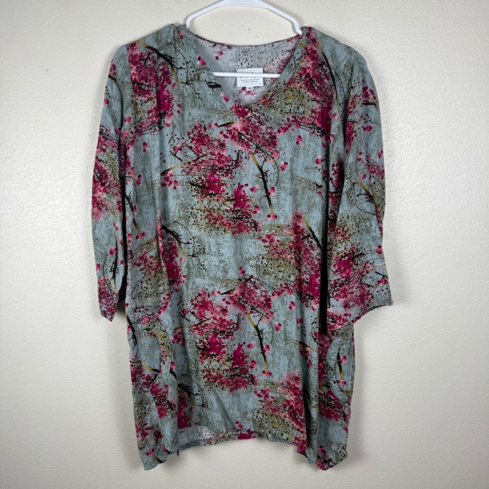 Hearts Desire Womens Cherry Blossom Floral V-Neck Tunic Top Blue Pink Size M